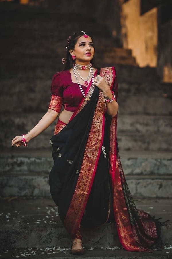 Black Banarasi Soft Silk Saree with Pink Woven Border and Contrast Zari Pallu  in Surat