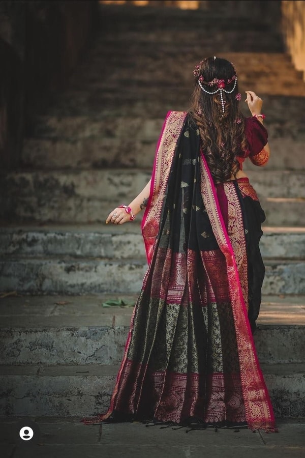 Black Banarasi Soft Silk Saree with Pink Woven Border and Contrast Zari Pallu  in Surat
