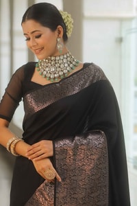 Black Banarasi Soft Silk Saree with Plain Body and Wide Copper Zari Border and Pallu  in Surat