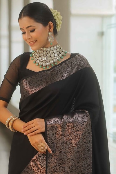 Black Banarasi Soft Silk Saree with Plain Body and Wide Copper Zari Border and Pallu in Surat
