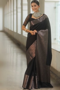 Black Banarasi Soft Silk Saree with Plain Body and Wide Copper Zari Border and Pallu  in Surat