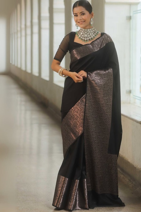 Black Banarasi Soft Silk Saree with Plain Body and Wide Copper Zari Border and Pallu  in Surat