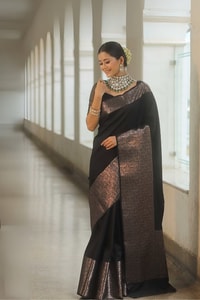 Black Banarasi Soft Silk Saree with Plain Body and Wide Copper Zari Border and Pallu  in Surat