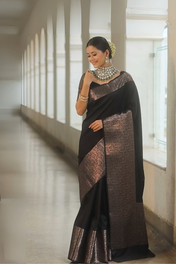 Black Banarasi Soft Silk Saree with Plain Body and Wide Copper Zari Border and Pallu  in Surat
