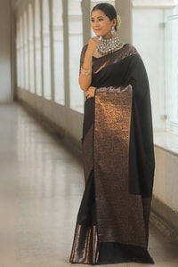 Black Banarasi Soft Silk Saree with Plain Body and Wide Copper Zari Border and Pallu  in Surat