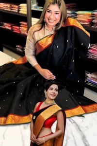 Black Banarasi Soft Silk Saree with Polka Zari Dots, Orange Border and Red Contrast Pallu  in Surat