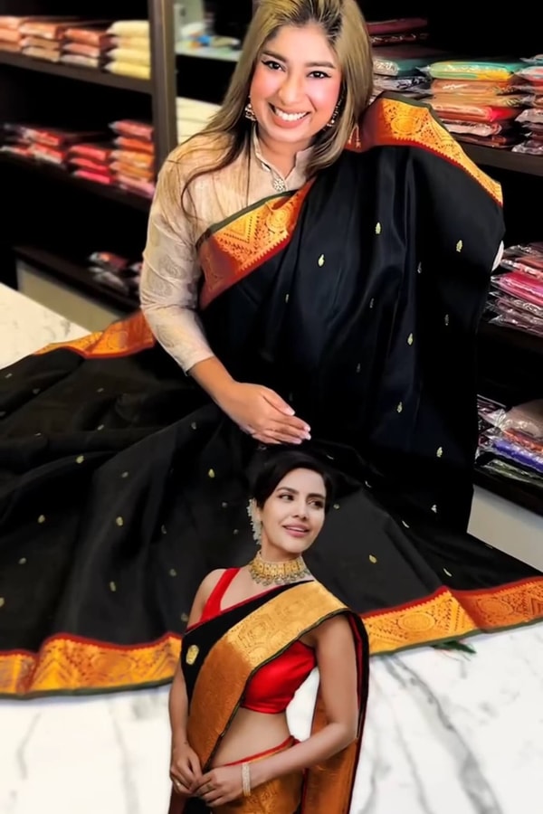 Black Banarasi Soft Silk Saree with Polka Zari Dots, Orange Border and Red Contrast Pallu  in Surat