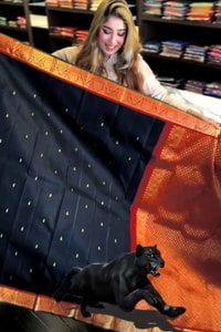 Black Banarasi Soft Silk Saree with Polka Zari Dots, Orange Border and Red Contrast Pallu  in Surat