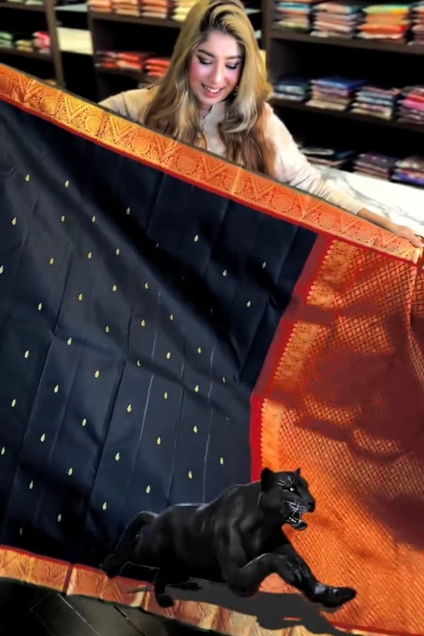 Black Banarasi Soft Silk Saree with Polka Zari Dots, Orange Border and Red Contrast Pallu  in Surat