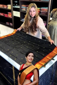 Black Banarasi Soft Silk Saree with Polka Zari Dots, Orange Border and Red Contrast Pallu  in Surat