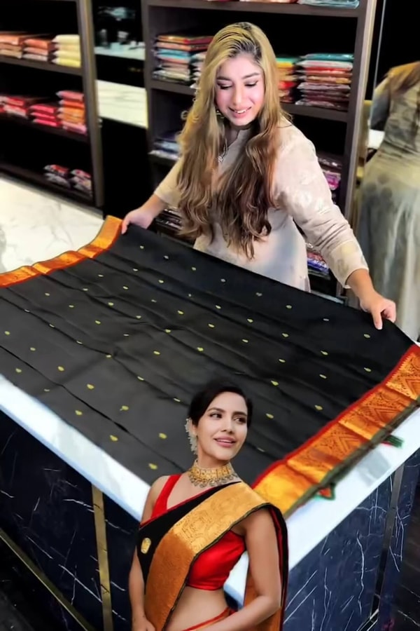 Black Banarasi Soft Silk Saree with Polka Zari Dots, Orange Border and Red Contrast Pallu  in Surat
