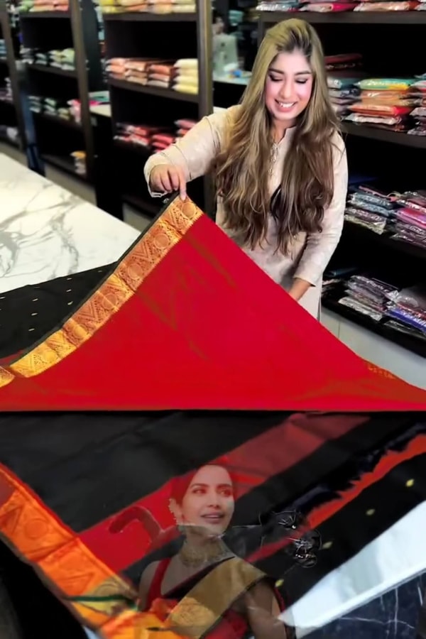Black Banarasi Soft Silk Saree with Polka Zari Dots, Orange Border and Red Contrast Pallu  in Surat