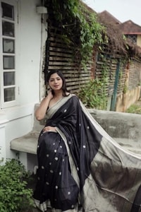 Black Banarasi Soft Silk Saree with Silver Zari Buttis and Broad Silver-Grey Woven Border  in Surat video 1