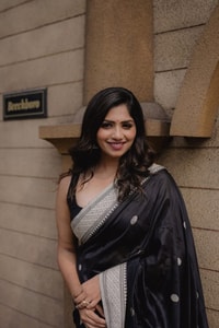 Black Banarasi Soft Silk Saree with Silver Zari Buttis and Broad Silver-Grey Woven Border  in Surat