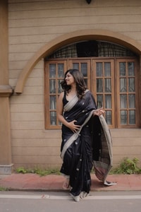 Black Banarasi Soft Silk Saree with Silver Zari Buttis and Broad Silver-Grey Woven Border  in Surat