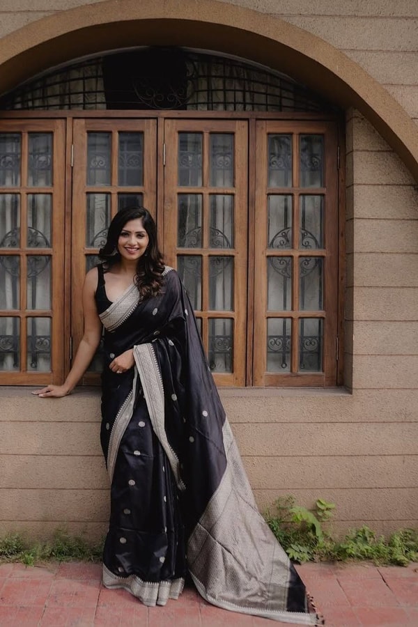 Black Banarasi Soft Silk Saree with Silver Zari Buttis and Broad Silver-Grey Woven Border  in Surat