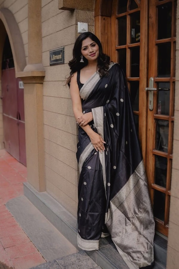 Black Banarasi Soft Silk Saree with Silver Zari Buttis and Broad Silver-Grey Woven Border  in Surat