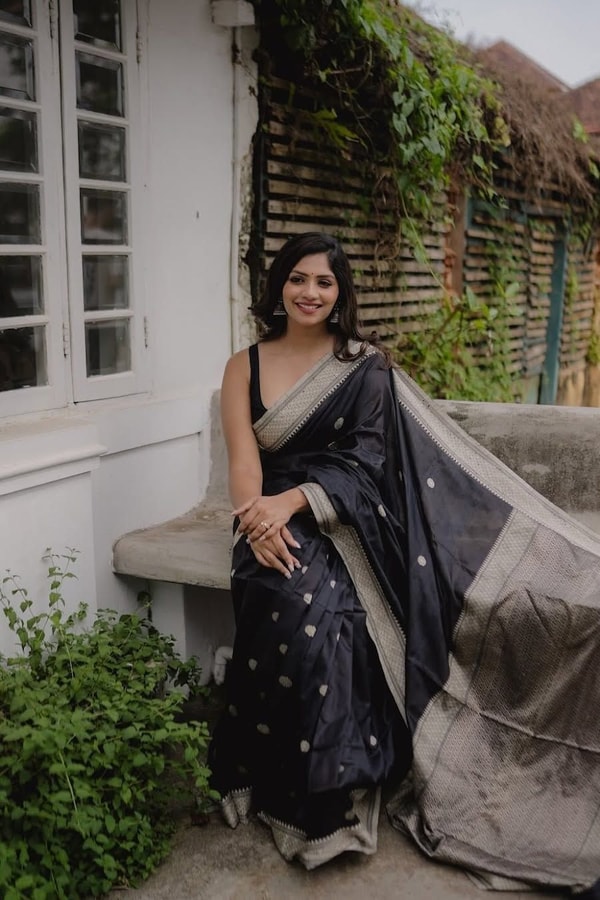 Black Banarasi Soft Silk Saree with Silver Zari Buttis and Broad Silver-Grey Woven Border  in Surat