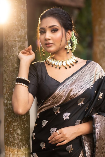Black Banarasi Soft Silk Saree with Silver Zari Floral Buttas and Woven Pallu in Surat