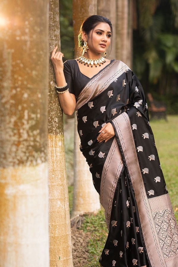 Black Banarasi Soft Silk Saree with Silver Zari Floral Buttas and Woven Pallu  in Surat