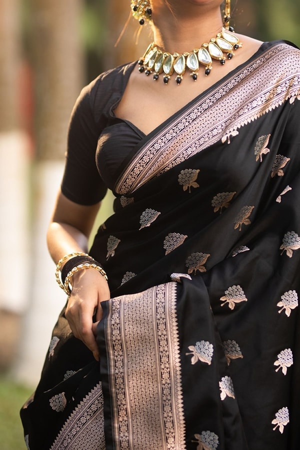 Black Banarasi Soft Silk Saree with Silver Zari Floral Buttas and Woven Pallu  in Surat