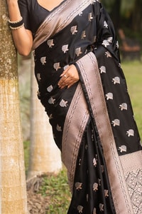 Black Banarasi Soft Silk Saree with Silver Zari Floral Buttas and Woven Pallu  in Surat