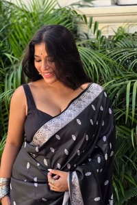 Black Banarasi Soft Silk Saree with Small Silver Zari Buttis and Broad Silver Border  in Surat