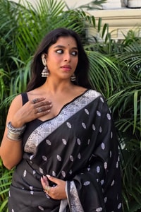 Black Banarasi Soft Silk Saree with Small Silver Zari Buttis and Broad Silver Border  in Surat