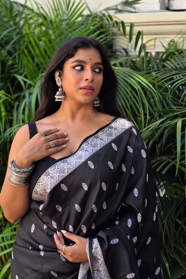 Black Banarasi Soft Silk Saree with Small Silver Zari Buttis and Broad Silver Border  in Surat