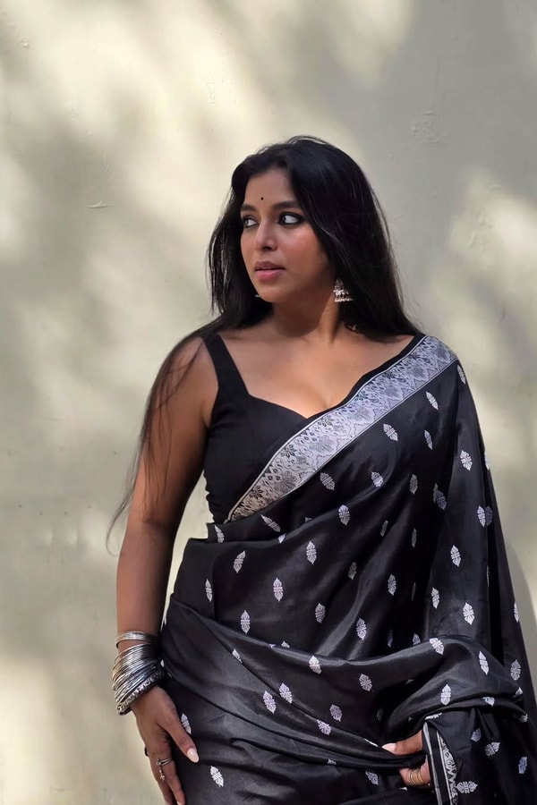 Black Banarasi Soft Silk Saree with Small Silver Zari Buttis and Broad Silver Border  in Surat