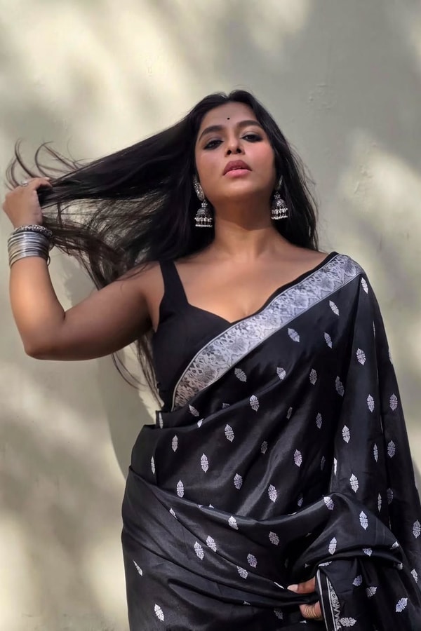 Black Banarasi Soft Silk Saree with Small Silver Zari Buttis and Broad Silver Border  in Surat