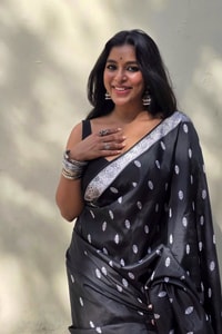 Black Banarasi Soft Silk Saree with Small Silver Zari Buttis and Broad Silver Border  in Surat