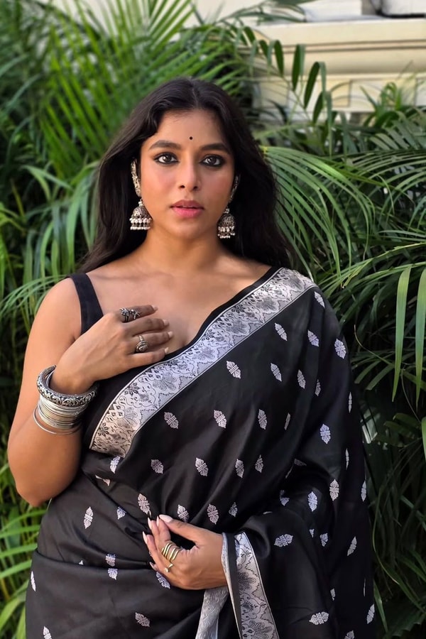 Black Banarasi Soft Silk Saree with Small Silver Zari Buttis and Broad Silver Border  in Surat