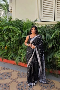 Black Banarasi Soft Silk Saree with Small Silver Zari Buttis and Broad Silver Border  in Surat