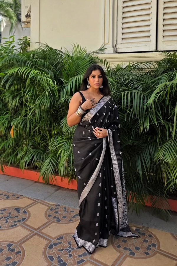 Black Banarasi Soft Silk Saree with Small Silver Zari Buttis and Broad Silver Border  in Surat