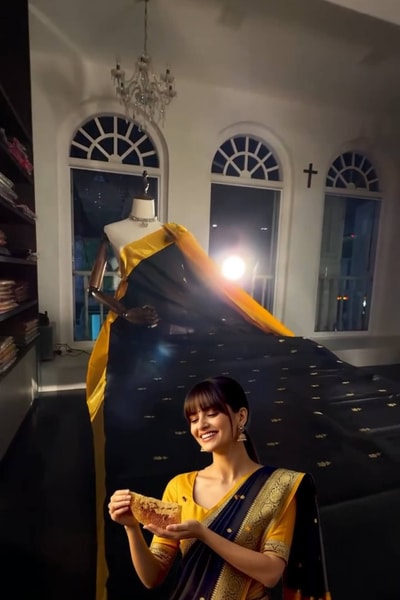 Black Banarasi Soft Silk Saree with Tiny Gold Buttis and Mustard Yellow Zari Pallu in Surat