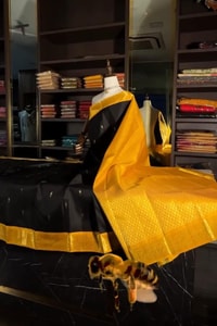Black Banarasi Soft Silk Saree with Tiny Gold Buttis and Mustard Yellow Zari Pallu  in Surat