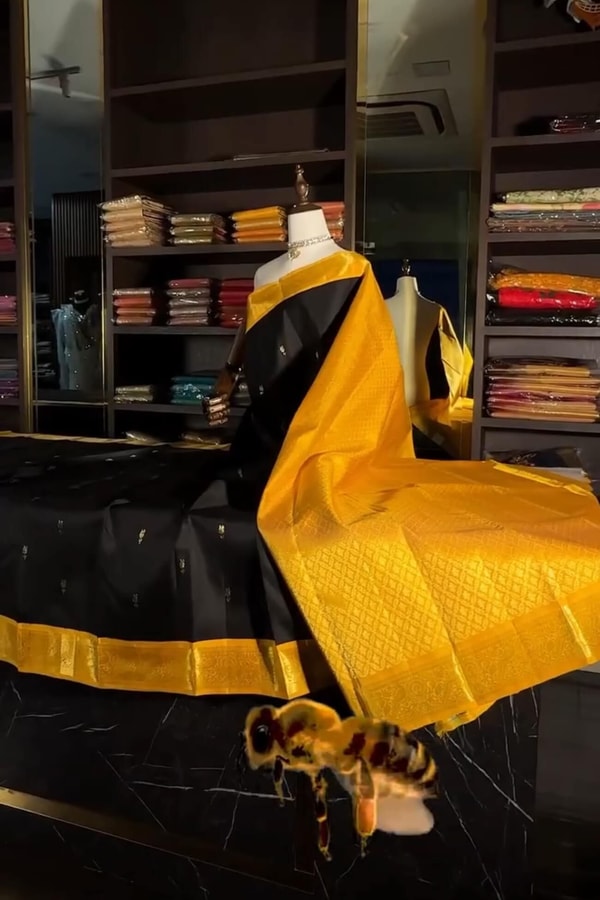 Black Banarasi Soft Silk Saree with Tiny Gold Buttis and Mustard Yellow Zari Pallu  in Surat