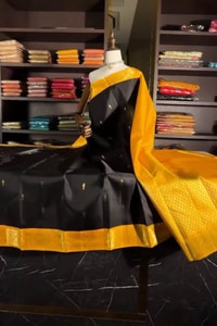 Black Banarasi Soft Silk Saree with Tiny Gold Buttis and Mustard Yellow Zari Pallu  in Surat