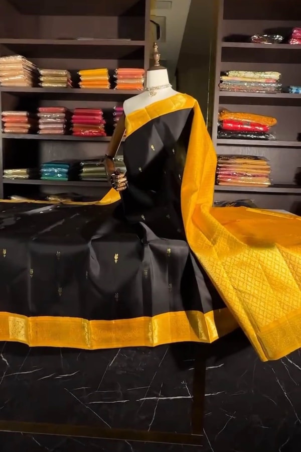 Black Banarasi Soft Silk Saree with Tiny Gold Buttis and Mustard Yellow Zari Pallu  in Surat