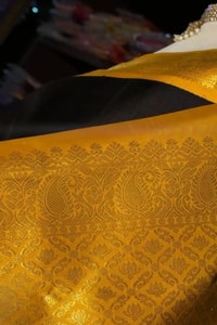 Black Banarasi Soft Silk Saree with Tiny Gold Buttis and Mustard Yellow Zari Pallu  in Surat