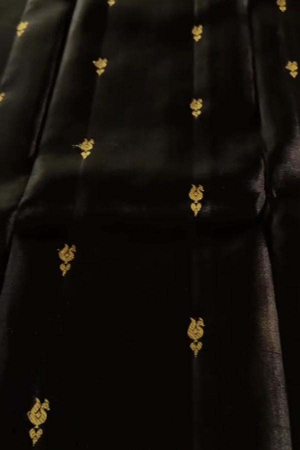 Black Banarasi Soft Silk Saree with Tiny Gold Buttis and Mustard Yellow Zari Pallu  in Surat