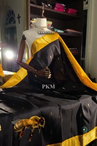 Black Banarasi Soft Silk Saree with Tiny Gold Buttis and Mustard Yellow Zari Pallu  in Surat video 1