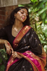 Black Butti Banarasi Soft Silk Saree with Magenta Pink Border and Copper Zari Pallu  in Surat