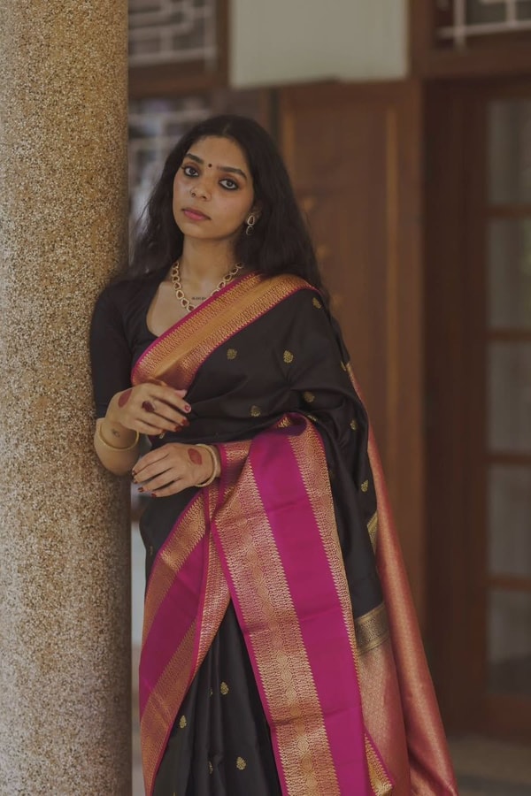 Black Butti Banarasi Soft Silk Saree with Magenta Pink Border and Copper Zari Pallu  in Surat