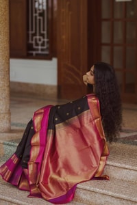 Black Butti Banarasi Soft Silk Saree with Magenta Pink Border and Copper Zari Pallu  in Surat