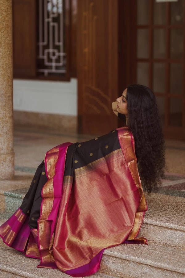 Black Butti Banarasi Soft Silk Saree with Magenta Pink Border and Copper Zari Pallu  in Surat