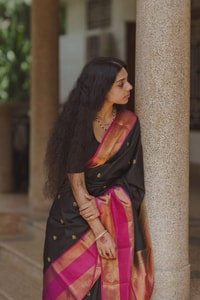 Black Butti Banarasi Soft Silk Saree with Magenta Pink Border and Copper Zari Pallu  in Surat