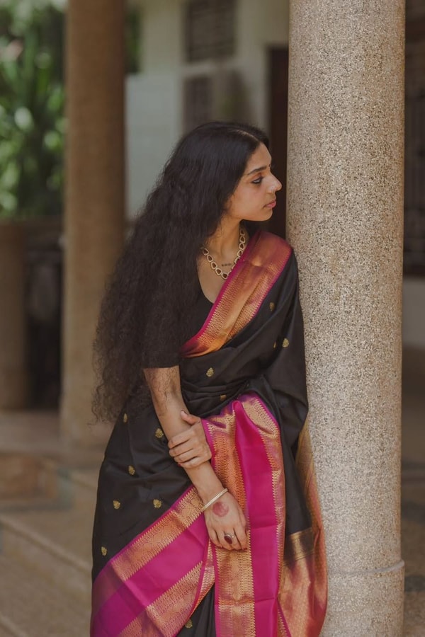 Black Butti Banarasi Soft Silk Saree with Magenta Pink Border and Copper Zari Pallu  in Surat