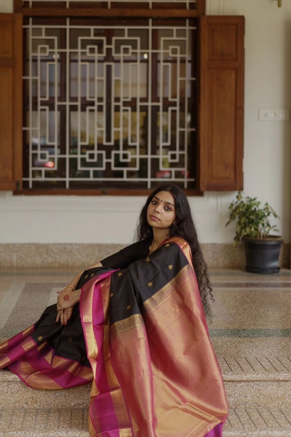 Black Butti Banarasi Soft Silk Saree with Magenta Pink Border and Copper Zari Pallu  in Surat